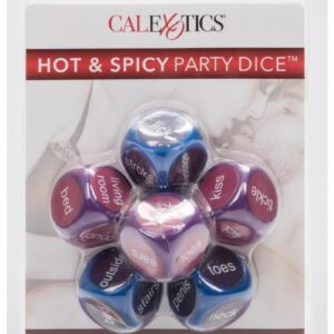 roll the dice! Included are three dice for her and three dice for him. Each person takes turns rolling their dice. She rolls the pink dice to determine the location