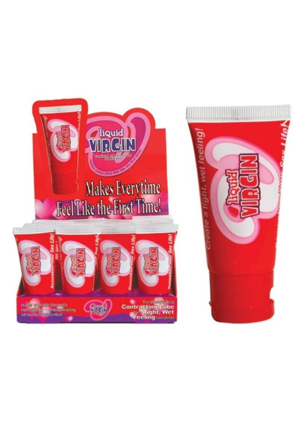 wet feeling everytime. Water soluble formula. Non-sticky and moisturizing strawberry scented. Display of 24 bottles of 1 oz Liquid Virgin Lubricant.