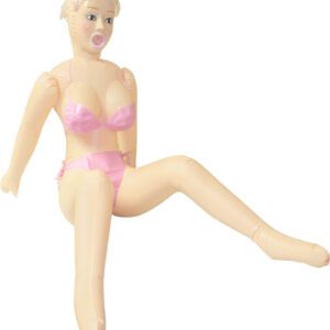 Pretty blonde inflatable doll with skimpy pink string bikini remove the top to reveal squeezable