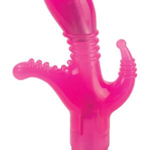 Flexible 3-way vibrating stimulator with strategically placed pleasure nodes. Powerful incremental speed control. Soft and pliable TPR (stimulator) ABS (cap). 2 AAA batteries. 3x 1.25/ 8 cm x 3 cm.