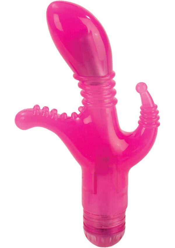 Flexible 3-way vibrating stimulator with strategically placed pleasure nodes. Powerful incremental speed control. Soft and pliable TPR (stimulator) ABS (cap). 2 AAA batteries. 3x 1.25/ 8 cm x 3 cm.