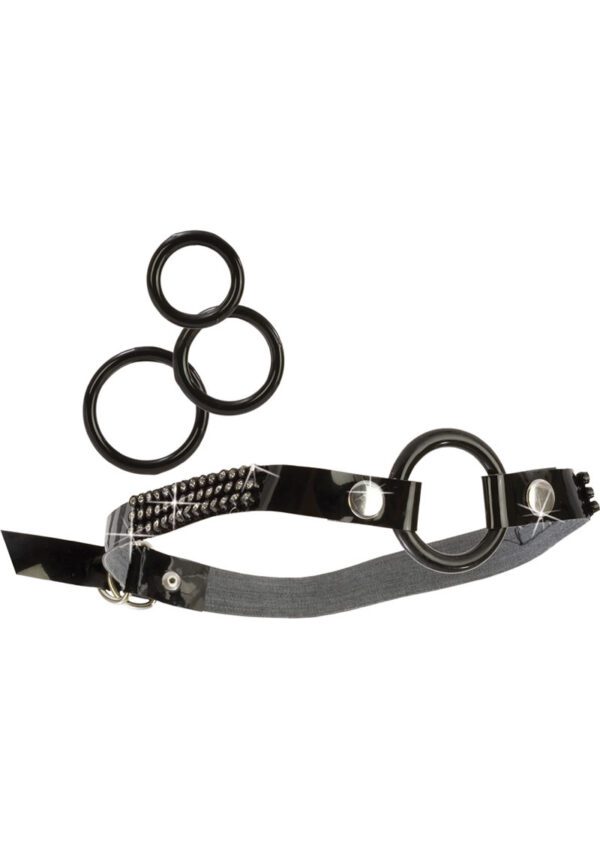 Fetish playwear with 3 interchangeable ring sizes and adjustable cinch strap. Exquisite diamond detail. 80% PVC