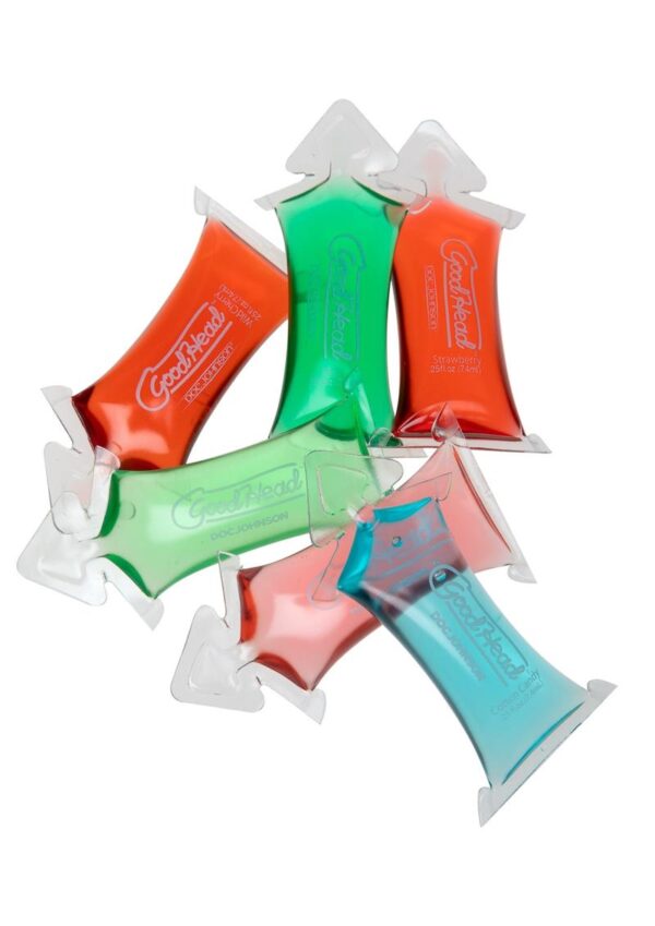 The secret to pure pleasure! Specially formulated to give you that extra boost for blow jobs of historical proportions! Just put your lips together and blow with Doc Johnson`s GoodHead Gel. Try for yourself and see how this edible blow job enhancer makes your foreplay unforgettable! This 6 pack includes GoodHead gel packed into portable pillow packs. Assortment includes Mystical Mint