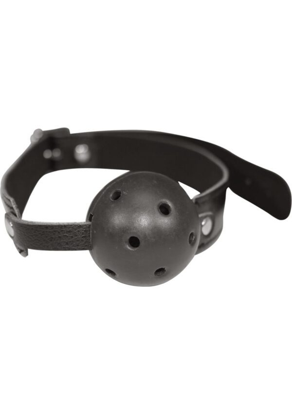 Black plastic breathable ball 2 inches in diameter (5 cm.) with 26 inch (66 cm.) strap.