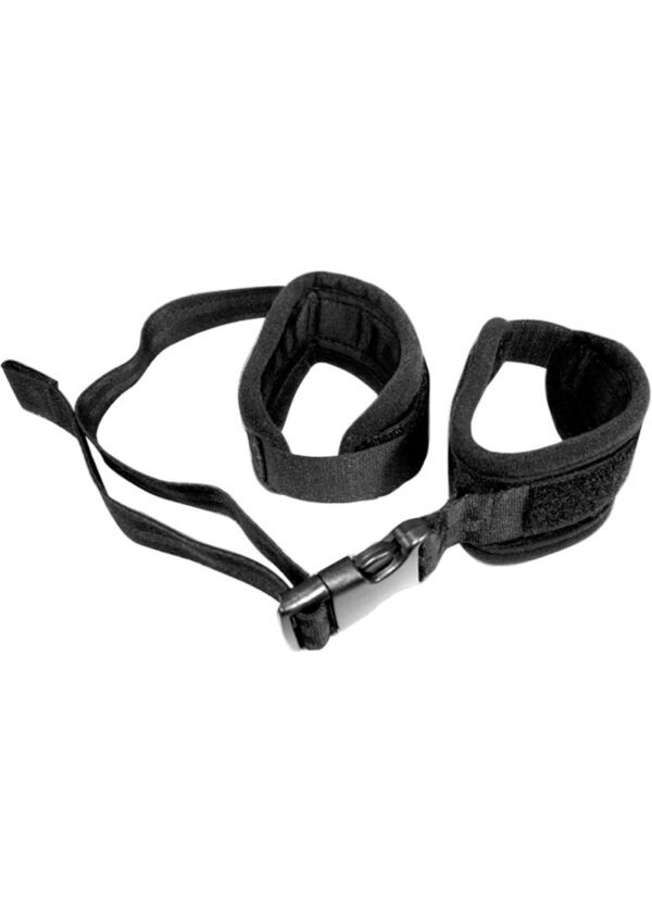 1 pair of soft sturdy cuffs with easy-on easy-off closures connect with a nylon strap that adjusts up to 2 feet (61 cm.)