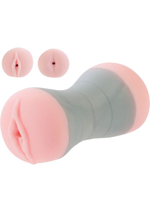Complete travel sized masturbator with 2 ends. Dual density for the ultimate stroking action. Life-like look and feel. Heavy duty one-piece masturbators with ribbed suction chambers. Unique design for maximum grip. Pure Skin/TPR. 5.5 x 2.5/14 cm x 6.25 cm.