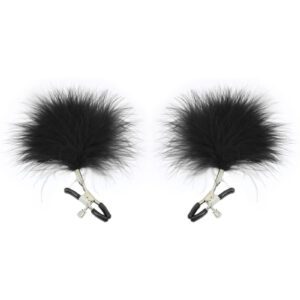 Feathered Nipple Clamps: These Feathered Nipple Clamps feature luxuriously soft feathers that tickle the skin as they sway. This product is available in a sophisticated shade of black. This product is adjustable.