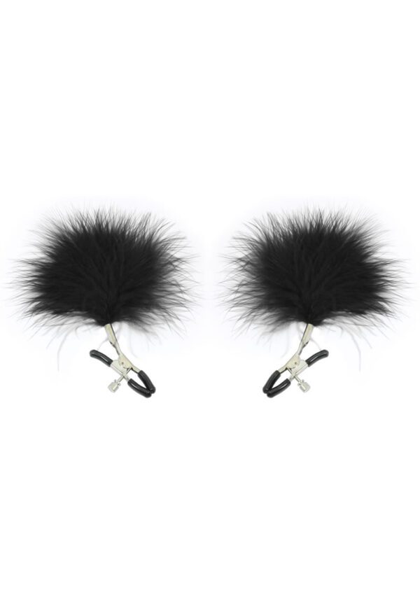 Feathered Nipple Clamps: These Feathered Nipple Clamps feature luxuriously soft feathers that tickle the skin as they sway. This product is available in a sophisticated shade of black. This product is adjustable.