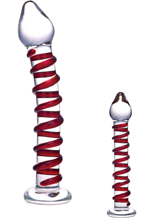 Mr. Swirly is wrapped with a thick red spiral which follows the length of the gently curved
