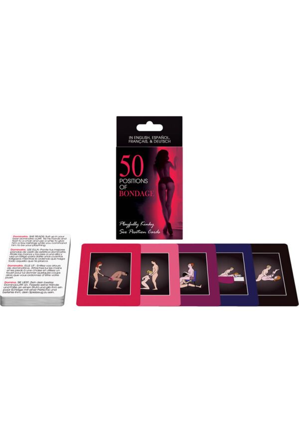 Playfully kinky sex position cards! Compete against your lover to build a five-card fantasy that includes five categories of bondage position challenges. The cards can also be used as flash cards for ideas of sex positions you can experiment with that incorporate bondage.