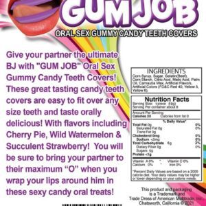 Give your partner the ultimate BJ with GUM JOB Oral Sex Gummy Candy Teeth Covers! These great tasting candy teeth covers are easy to fit over any size teeth and taste orally delicious! With flavors including Cherry Pie