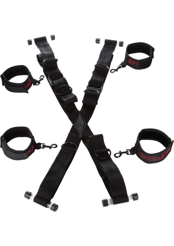 - Cross style over door restraints - Fully adjustable to fit both standard and oversized doors - Sturdy straps and bar hooks for secure over the door placement - Includes totally adjustable and detachable universal wrist and ankle cuffs - Soft and plushy on one side