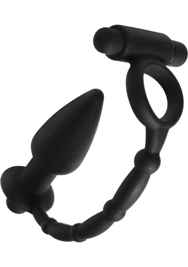 Tease them with double the pleasure...This dual stimulation cock ring and anal plug combo comes to you with devious pleasure for his cock and his ass. Enhance his erection with a vibration ring that connects to a delicious vibrating butt plug