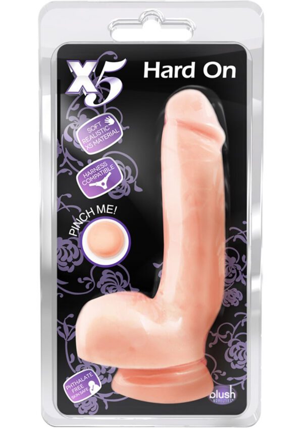 The X5 Hard On Realistic Dildo by Blush Novelties looks and feels like the real thing. It is made to please and satisfy even the most discriminating of dildo connoisseurs. The suction cup makes the Hard On harness compatible and is built for the cowboy or cowgirl in you