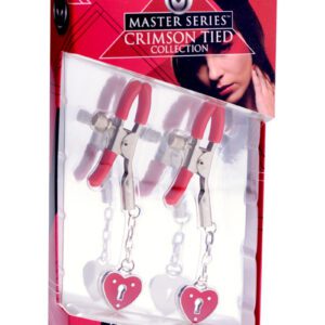 accented with heart shaped padlock detailing. The vinyl coated tips allow for a comfortable and secure grip while the red lacquered heart accent dangles enticingly from the end. The screws on the sides allow you to control just how much pressure your partner receives.Measurements: 4 inches in total length