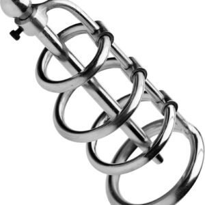 This sound cage is designed to give your submissive the intense captivity that he craves! Each ring is hinged for a better fit and more manipulation as you do whatever you want to that cock. This cage will hold it upright as the urethral  slides deep inside. An allen wrench is included to clamp the sound in place once you`ve shoved it in as deep as you desire. The hollow core allows liquid such as cum and piss to pass through while he`s trapped in this evil device. That cock belongs to you how long will you make him wear the Gates of Hell? Measurements: Cage: 6 inches in total length