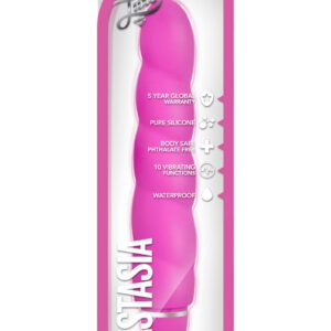 Anastasia stands 5.25 inches with 4.75 inches of accessible play. Set in motion her 10 vibrating functions with a push of the button. Made of pure body safe silicone