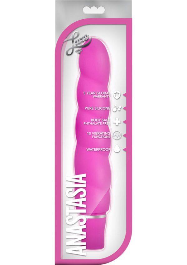 Anastasia stands 5.25 inches with 4.75 inches of accessible play. Set in motion her 10 vibrating functions with a push of the button. Made of pure body safe silicone