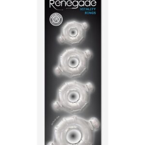 restrain and revel in Renegades Vitality Rings. Extend your playtime by enticing your cock and balls with 4 varying sized cock rings in an unlimited number of ways. Made with odorless