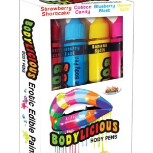 all your intimate desires with BODYLICIOUS Edible Body Pens! These fun amazing tasting edible paints let you write your most intimate fantasies on your favorite body part! The fun only gets hotter as you lick and suck your partner all over for an arousing experience that is sure to get you both hot and ready for some delicious erotic action! Flavors Include: STRAWBERRY SHORTCAKE - COTTON CANDY - BLUEBERRY BLAST - BANANA SPLIT Features:  4 Delicious Flavors Great Taste Easy Clean Up With Warm Water Non-Staining