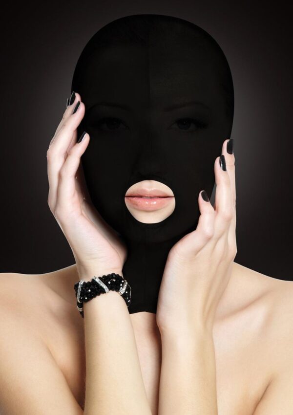This comfortable Submission mask is designed to stretch completely over the head and closes easily at the back with a zipper. The fabric allows just a hint of light in while impairing vision and awakening  other senses. The shiny hood can be worn by him or her