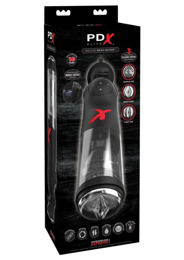 so you can experience the ultimate hands-free pleasure experience! The innovative Deluxe Mega-Bator combines hands-free rotation and thrusting that can be enjoyed in 10 unique patterns for completely customizable masturbation sessions.Enjoy the best of both worlds! Intense rotation combined with powerful piston-action thrusting - the innovative hands-free Deluxe Mega-Bator spins and thrusts you to explosive pleasure! With 3 interchangeable pleasure toppers you can enjoy a snug pussy