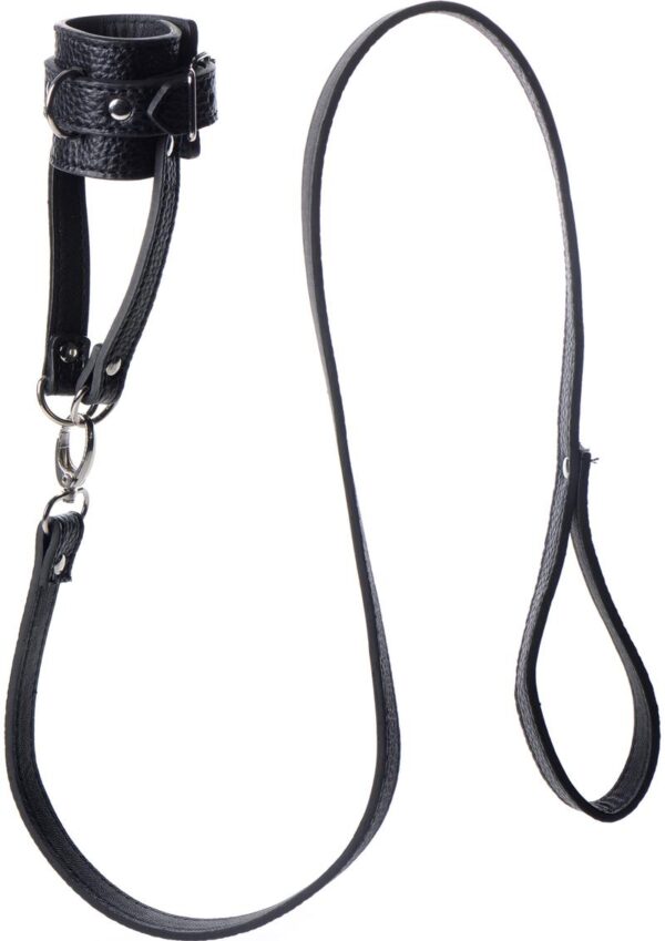 Take your pet for a walk with this humiliating ball-stretcher and leash set! The adjustable stretcher will wrap around his scrotum and tug down