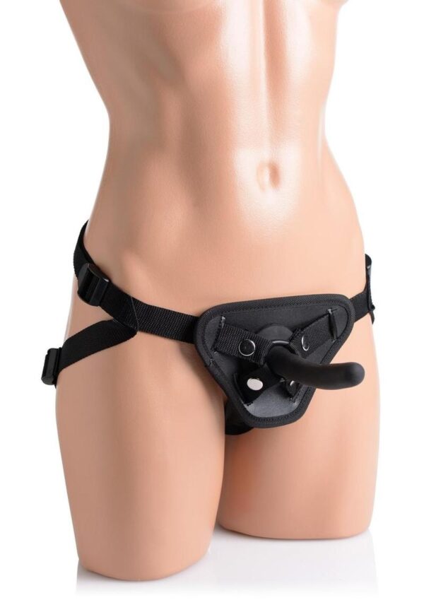 but still flexible to conform to the inner demands of the body. The slight curve provides a subtle stimulation to the prostate. The harness allows for the adjustment of the waist strap and leg straps so that it is comfortable and secure during use. A small pocket inside the front panel is designed to accommodate a vibrating bullet for additional pleasure. Non-porous and phthalate-free