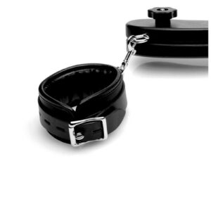 keeping him bent over and at your mercy! Knobs at either end make it easy for you to open and close the Humbler. Clasps allow you to attach or remove a pair of ankle restraints to keep him even further restrained! The comfortable interior of the cuffs ensures that his mind will be on the predicament his testicles are in while he is immobilized. Locking buckles give you the option of furthering his plight