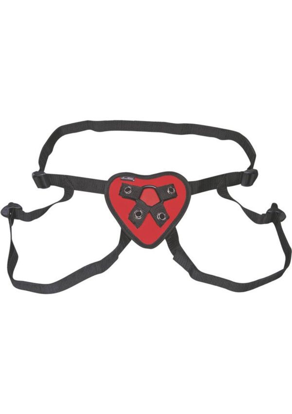 Show your love with the fully-adjustable heart-shaped Lux Fetish Red Heart Strap-on Harness. This durable strap-on can accommodate any dildo with a flared base