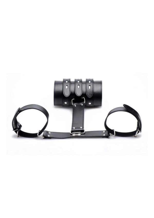wrapping around the biceps and forearms to keep your sub fully restrained. This bondage accessory will elevate your play sessions with its unique and attractive design!Measurements: Horizontal strap measures 9 inches across. Vertical strap is 8 inches.Bicep straps adjust from 9.5 to 15.75 inches in circumference.Forearms strap measures 17.5 inches in maximum length