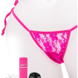My Secret Vibrating Panty Set puts the power of pleasure at your fingertips  This sexy and subtle mini vibe is powered by a clever remote control that looks like an ordinary finger ring and makes it easy for couples to play in public.    - 10-function bullet fits comfortably into lace panty (included)  - Works from up to 50 feet away  -  Side-tie panty fits up to 60-inch waists  -  Batteries can be changed on both the ring and bullet  - Weight  91 g  - Dimensions  175 x 107 x 37 mm
