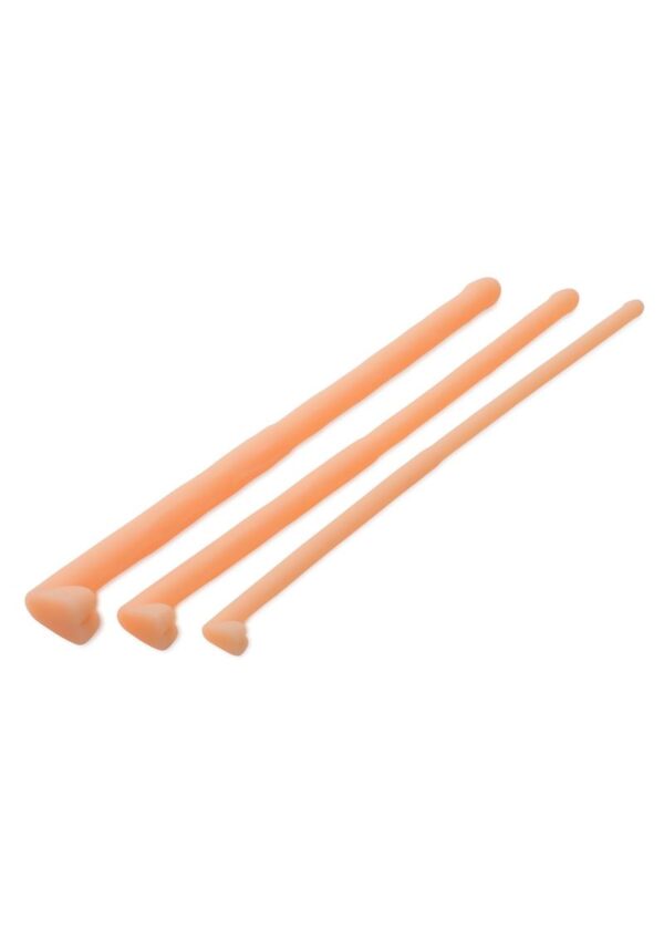These penis-shaped sounds give you three options to play with. Work your way up from the small urethral  to the large to experience unique sensations of pleasure. An increase in size occurs halfway down each shaft. They are textured with a bulbed head and veins