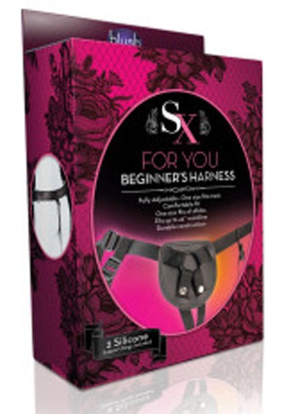 there`s no need to measure dildos ever again. Fasteners secure the support rings making SX For You Beginner`s Harness compatible with all dildos - even extreme dildos! Durable constructed strap-on harness is for first timers and advanced players alike. The performance pad is constructed from velvety smooth faux leather and the adjustable straps are soft nylon for comfortable wear. SX For You Beginner`s Harness fits up to a 47 inch waistline.