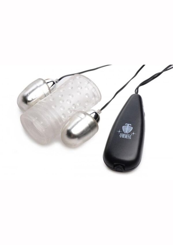 Enhance your shaft massage with powerful vibration and sensational texture! With super powered twin vibrating bullets and a super stretchy
