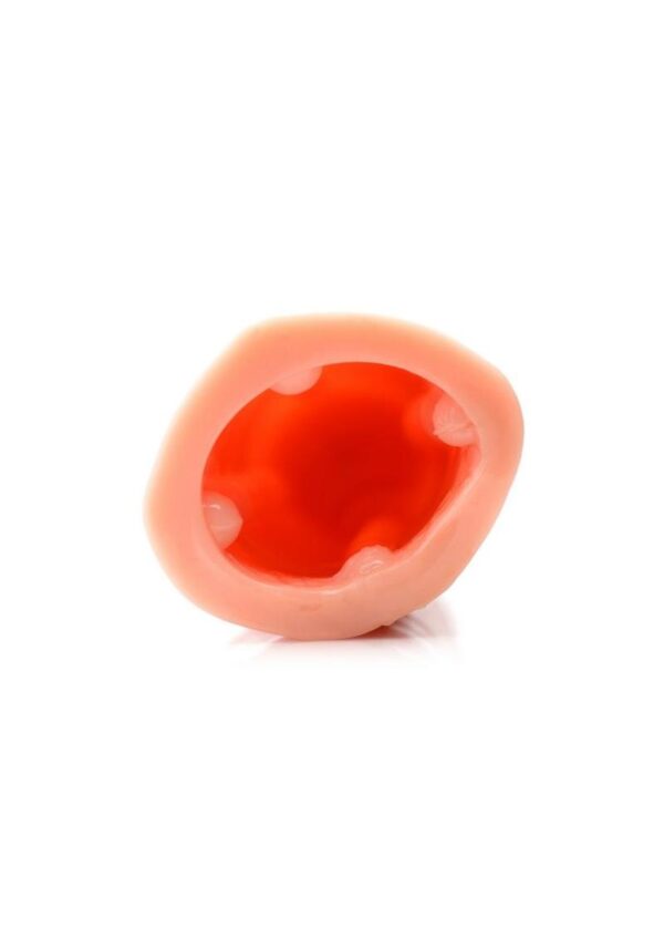 with a bold head and bulging veins all down the shaft. Just lube up and shove your dick inside to give your partner a new sensation to try out during sex! The solid 3 inch tip is followed by a hollow interior that allows for a snug and secure fit. You will love the huge nubs massaging your member on the inside. Create a custom fit by trimming the bottom of the sleeve to the perfect size! This material is compatible with silicone and water-based lubricants. Use warm water and mild soap or a toy cleaner to clean after use.Measurements: 8.5 inches in total length