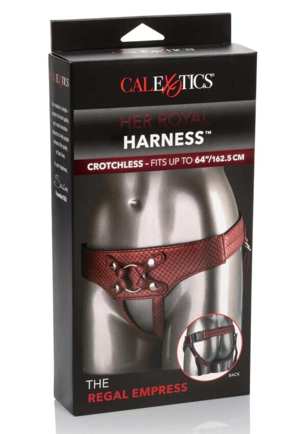 adjustable buckle closure   Soft and comfortable vegan leather with plushy velvet lining   Designed to be totally crotchless   Discreet snap design to accommodate any size ring (3 included)   Easy-to-adjust waist and thigh straps    Dimensions:  Small Ring Diameter:  1.5 in.  Medium Ring Diameter:  1.75 in.  Large Ring Diameter:  2 in.  Waist adjusts up to 64 in.