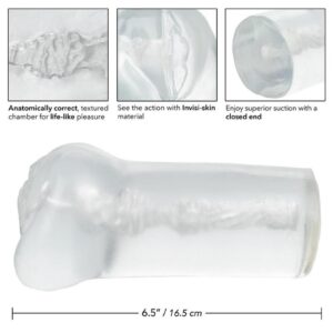 anatomically correct chamber for explosive stimulation. Use this close-ended sleeve with ample lubrication for powerful suction worthy of your naughtiest fantasies. Invisi-Skin Thermoplastic Elastomer is a super-soft