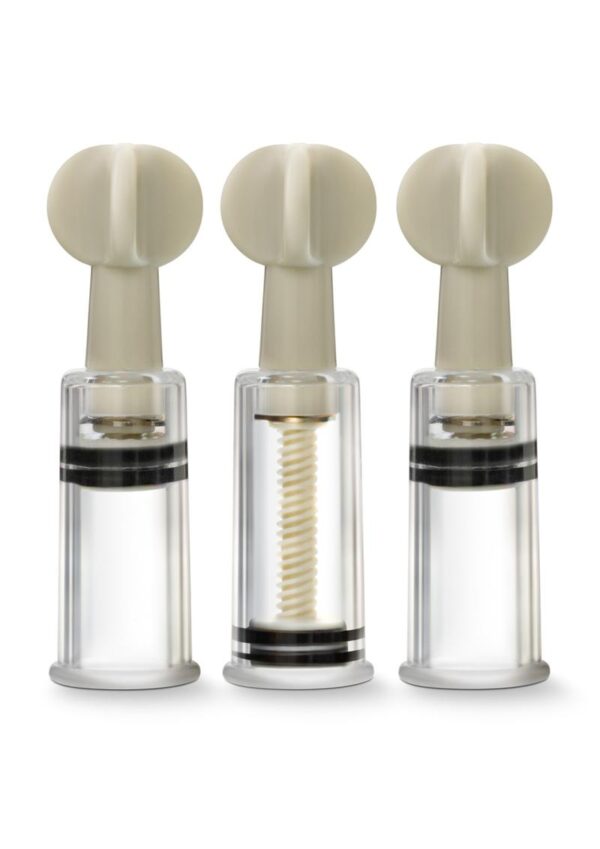 Temptasia Clit and Nipple Twist Suckers bring engorgement and heightened sensitivity to your most sensitive areas. Each pocket-sized suction cylinder in this triple set is fully adjustable. Place the cylinder over your clit or nipple