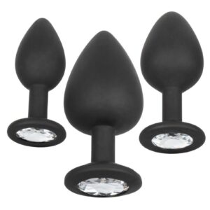 Pure silicone anal training kit with Satin Finish   Designed for comfort and extended wear   3 graduated sizes tapered for a perfect fit   Flanged base with gem inlay   Smooth and seamless   Hygienically superior and body safe    Dimensions:  Small Probe:  2.5 x 1 in.  Medium Probe:  3 x 1.25 in.  Large Probe:  3.5 x 1.75 in.