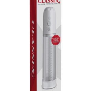 throbbing erections with an easy press of a button! This Classix&amp;#xae; Auto-Vac Power Pump boasts a hands-free automated motor that powerfully enlarges girth and expands length. The ultra-stretchy Elite Silicone donut creates a comfortable air-tight seal as it snugly encircles your shaft. With the simple press of a button