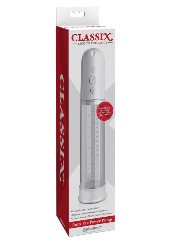 throbbing erections with an easy press of a button! This Classix&amp;#xae; Auto-Vac Power Pump boasts a hands-free automated motor that powerfully enlarges girth and expands length. The ultra-stretchy Elite Silicone donut creates a comfortable air-tight seal as it snugly encircles your shaft. With the simple press of a button