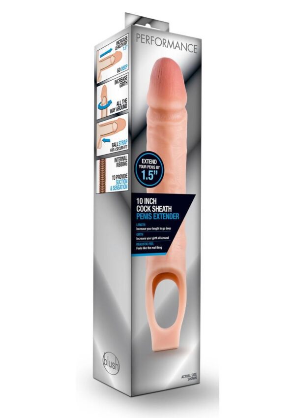 but bigger. The internal ribbing creates suction that holds the sheath securely on and delivers extra sensation to the wearer. Just  your penis into the Performance 10 Sheath and then slide your testicles through the ball strap. This long