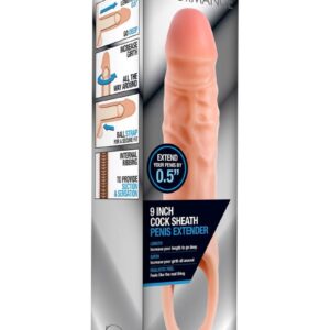 but bigger. Half inch longer and up to 1.5 inch thicker. The internal ribbing creates suction that holds the sheath securely on and delivers extra sensation to the wearer. Just  your penis into the Performance 9 Sheath and then slide your testicles through the ball strap. This girthy sheath is perfect for extending your playtime. Made of ultrasoft X5 Plus. Lab Tested and Verified Body Safe. Silicone