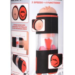 allowing you to penetrate a vagina and feel a tongue within! Treat your penis to 3 speeds and 4 functions of vibration from the vulva and flickering from the tongue. Just lube up and slip right in! You can even detach the tongue portion to use it separately on other parts of the body. The vulva is made of a soft material that feels ultra-realistic