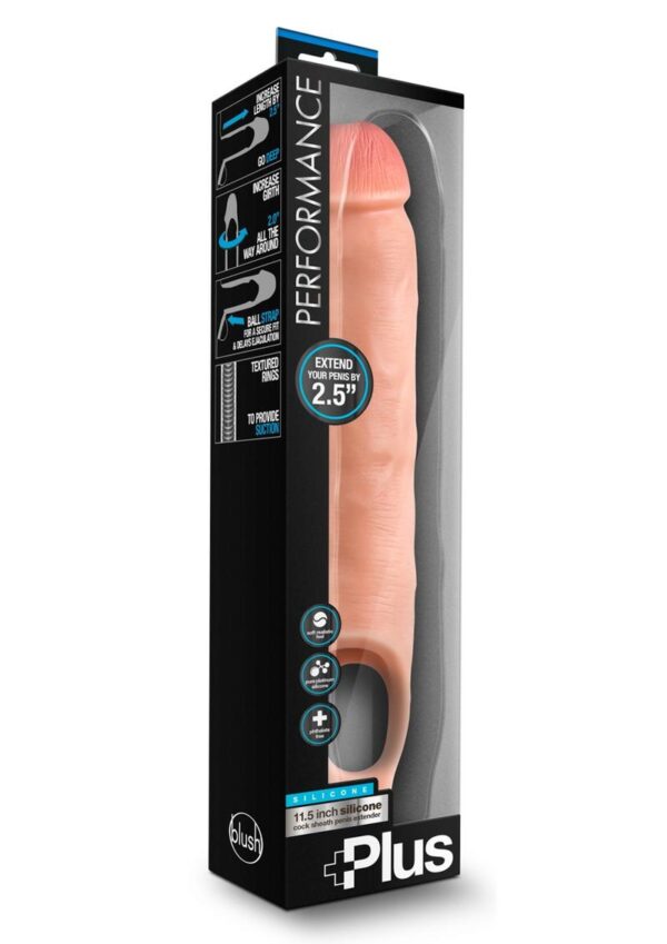 realistic feel while maximizing your potential. Gain more girth and 2.5 inches extra length! The internal ribbing creates suction that holds the sheath securely in place. It also amplifies sensation for the wearer. Just  your penis into the 8.75 able length sheath and then slide your testicles through the ball strap. Then explore new dimensions with your partner! Ultrasilk smooth and made with Purio liquid silicone
