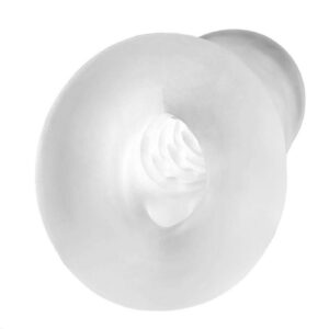 surprisingly easy to get on and off and stays in place thanks to its closed tip and a thick loop that wraps around the base of the scrotum