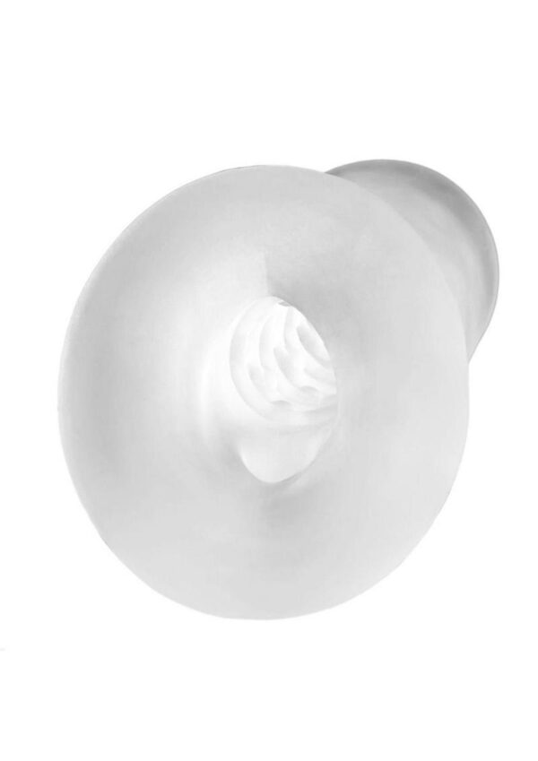 surprisingly easy to get on and off and stays in place thanks to its closed tip and a thick loop that wraps around the base of the scrotum