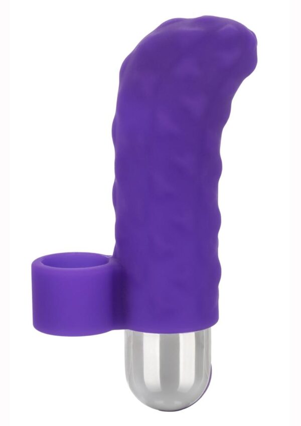 Soft and stretchy Silicone finger teaser with sensual ridges  10 functions of vibration  Removable bullet for versatile fun  Easy push-button control  USB rechargeable  charging cord included  Complete charge in 2 hours  Runs 45 minutes on high speed and 60 minutes on low speed      Dimensions:  Sleeve:  2.75 x 1 in.  Stimulator:  3 x 0.75 in.  Package:  1.5 x 4.5 x 8.5 in.