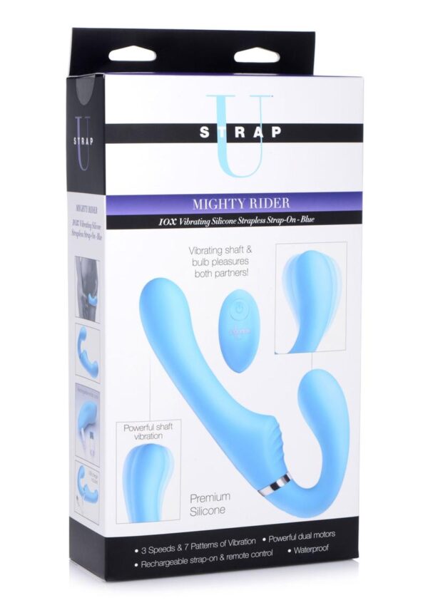 double ended strapless strap-on! Insert the vaginal bulb and hold up the Mighty Riders phallic shaft without a harness so you can peg and penetrate in complete freedom. Featuring powerful vibration